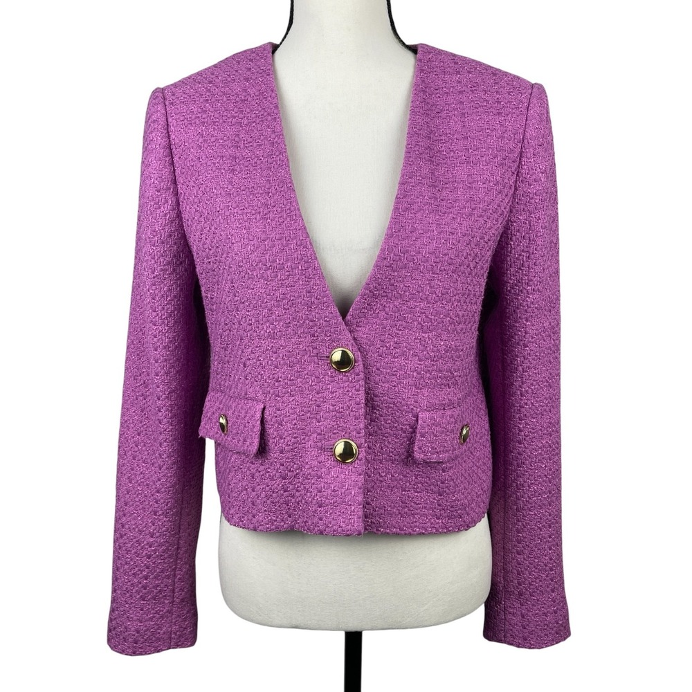 Ann Taylor Women's Cropped Blazer Jacket 4 Purple Gold Button Textured Preppy